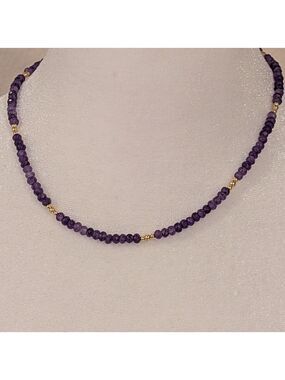 Amethyst Beaded Necklace  Choker with Gold Accents , French Design,HandMade ,New